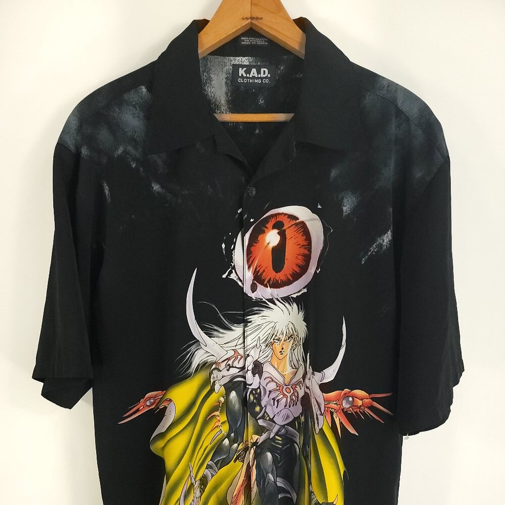 Vtg Anime Shirt Men's Large Black Yellow Button Front Short Sleeve KAD Clothing